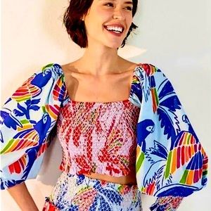 Farm Rio Mix Color Birds Smocked Crop‎ Top